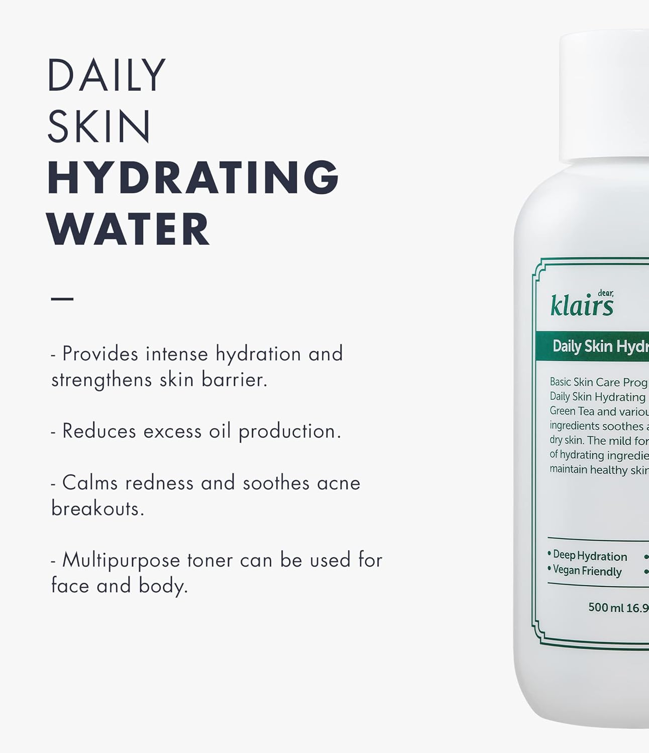 dear Klairs Daily Skin Hydrating Water 500mL | Lightweight Korean toner for oily and sensitive skin in Dubai, UAE. Features