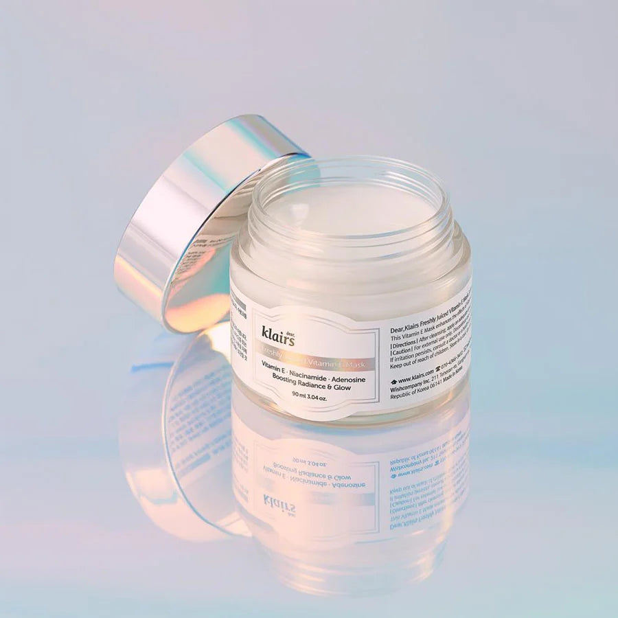 Dear KLAIRS Freshly Juiced Vitamin E Mask – hydrating Korean sleeping mask that brightens, soothes, and nourishes skin overnight with Vitamin E and Niacinamide. Open