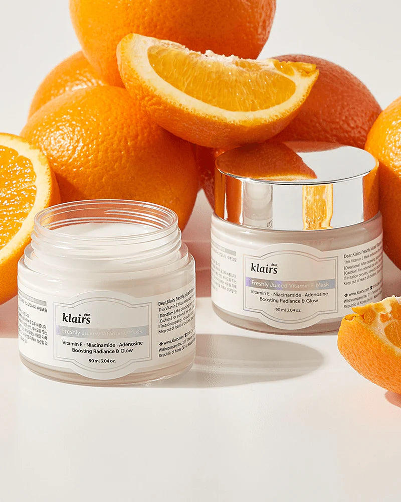 Dear KLAIRS Freshly Juiced Vitamin E Mask – hydrating Korean sleeping mask that brightens, soothes, and nourishes skin overnight with Vitamin E and Niacinamide. Orange