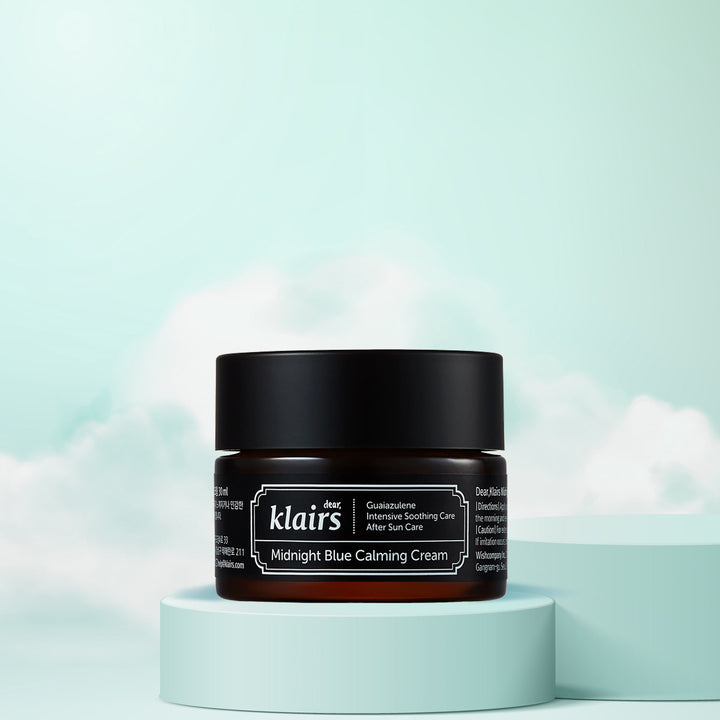dear Klairs Midnight Blue Calming Cream jar on a light blue background