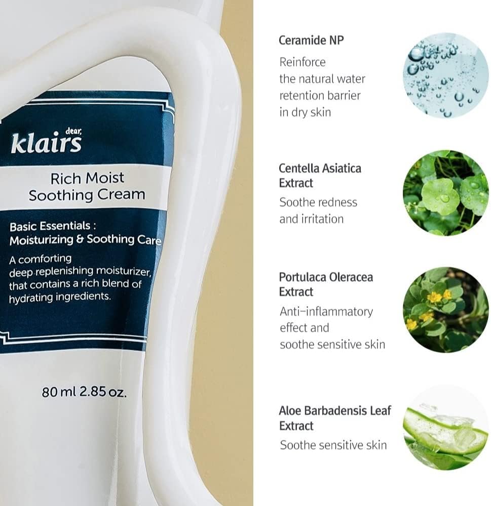 dear KLAIRS Rich Moist Soothing Cream – Korean moisturizer for deep hydration and barrier repair. Shop online in Dubai at Mirae Beauty Hub UAE. Ingredients