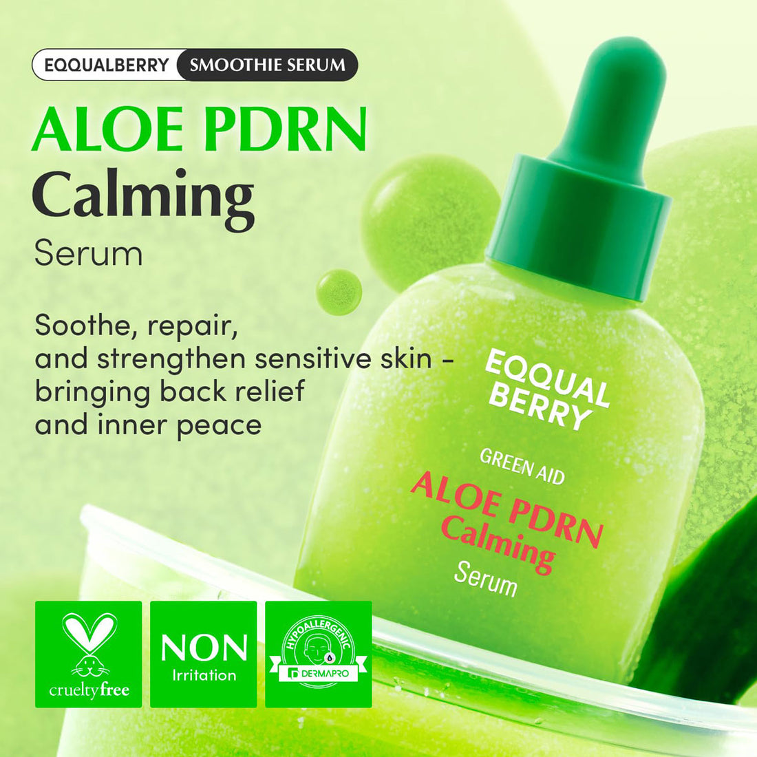 Aloe PDRN Calming Serum bottle with green dropper on a green background