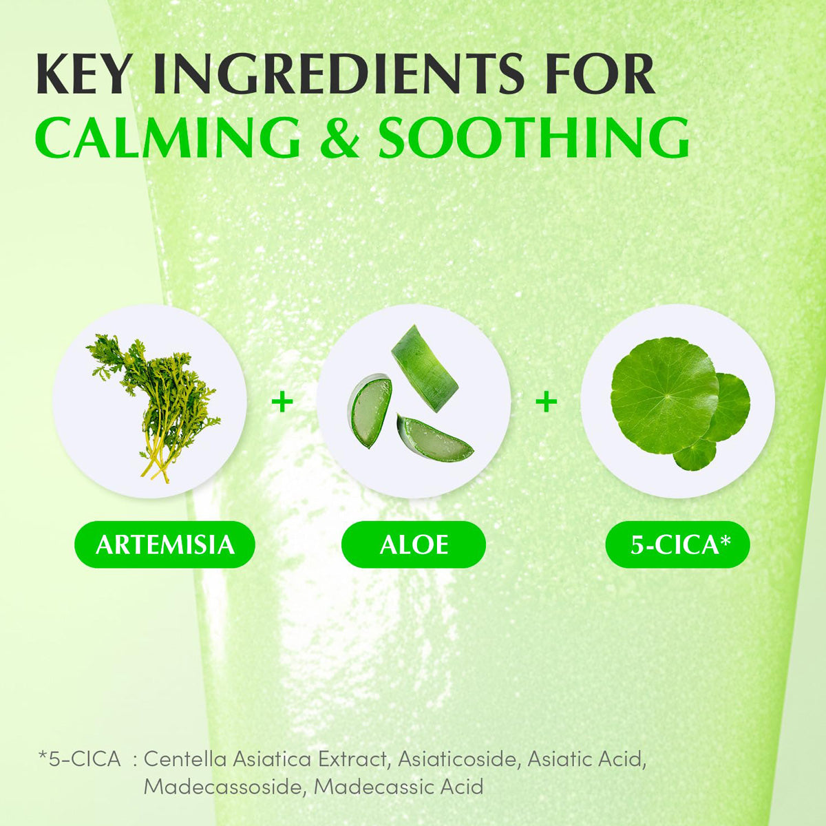 Key ingredients for calming and soothing with Artemisia, Aloe, and 5-Cica on a green background.