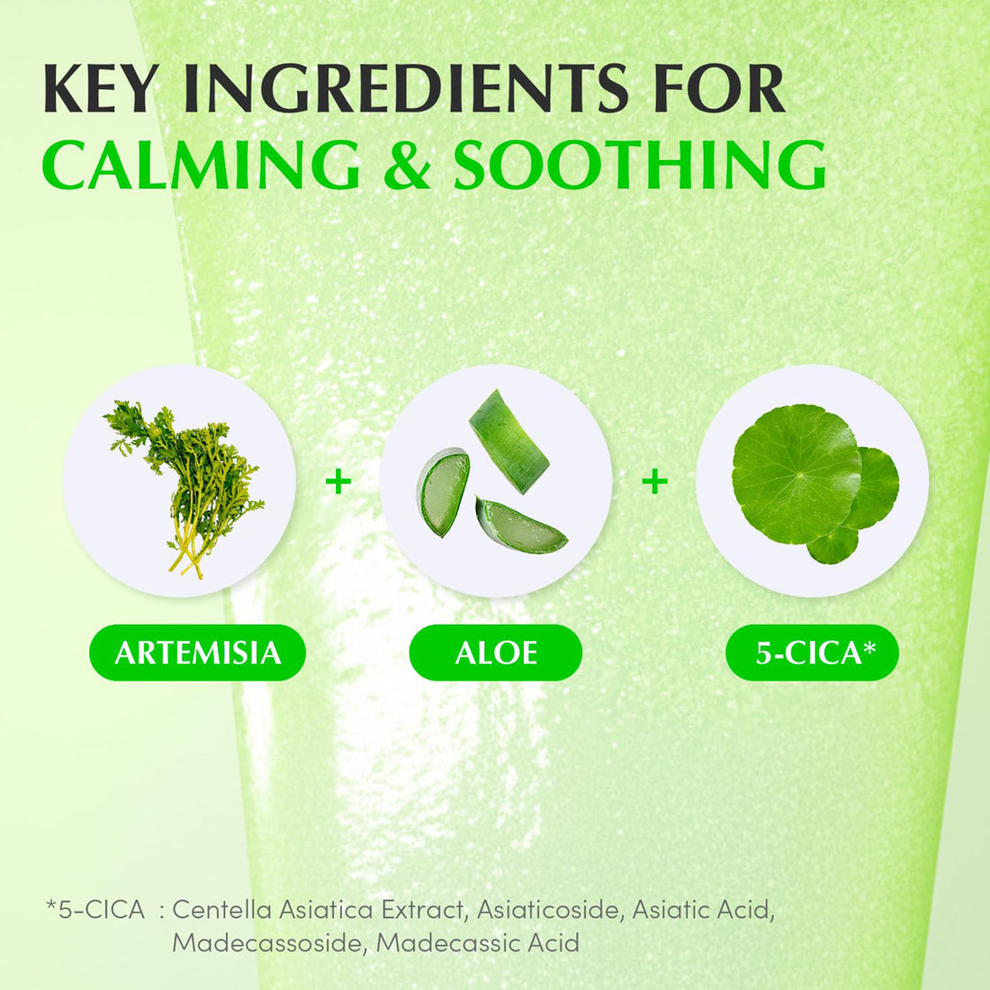 Key ingredients for calming and soothing with Artemisia, Aloe, and 5-Cica on a green background.