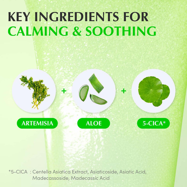 Key ingredients for calming and soothing with Artemisia, Aloe, and 5-Cica on a green background.