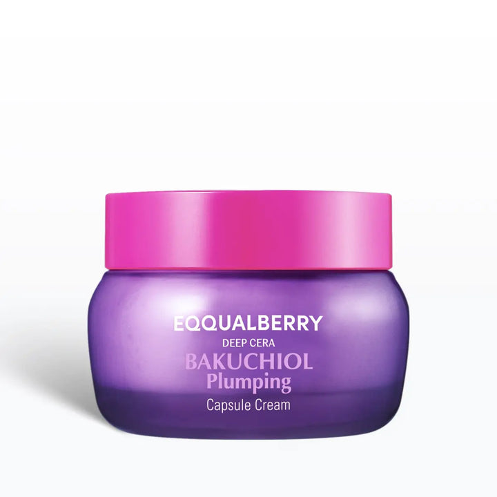 Eqqualberry Bakuchiol Plumping Capsule Cream jar with pink lid on a white background