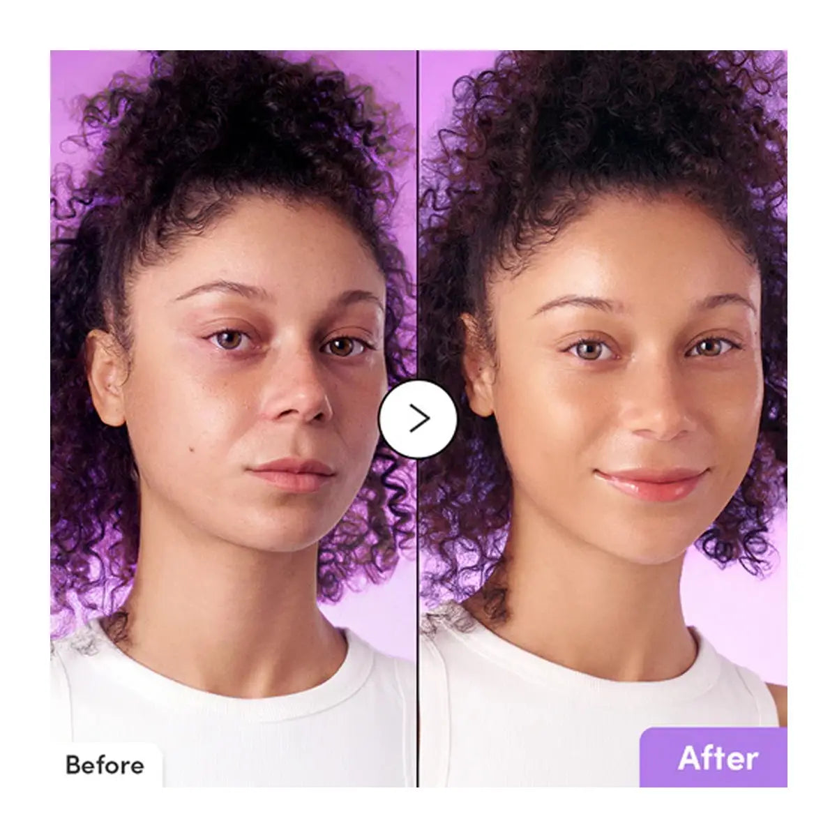 Before and after comparison of a person with curly hair against a purple background