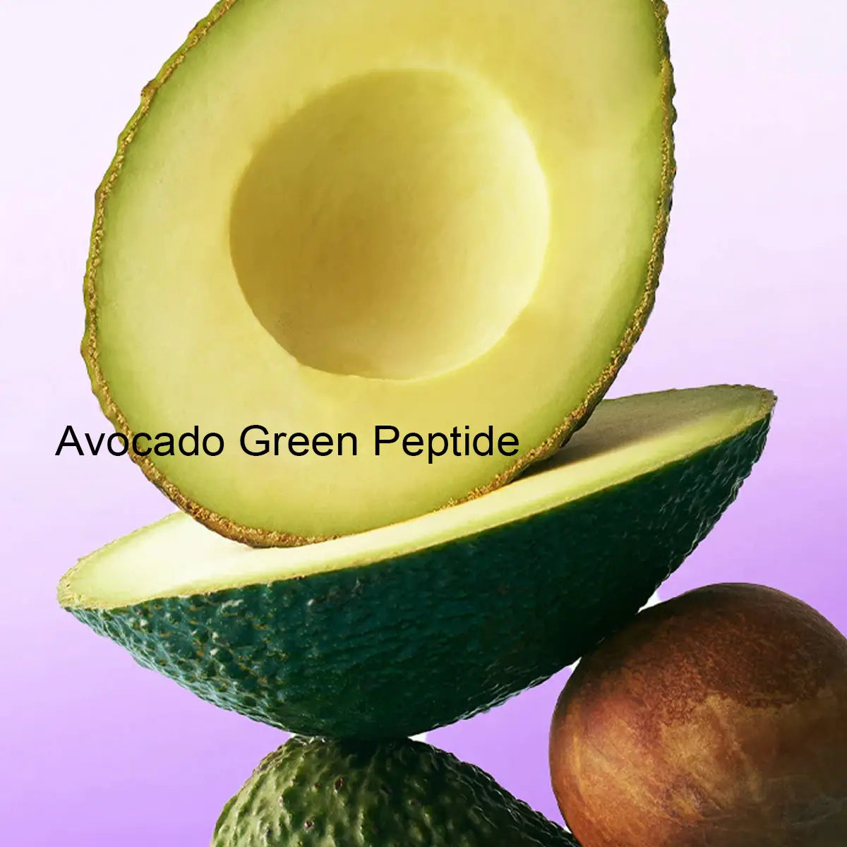 Avocado cut in half with a purple background and 'Avocado Green Peptide' text.
