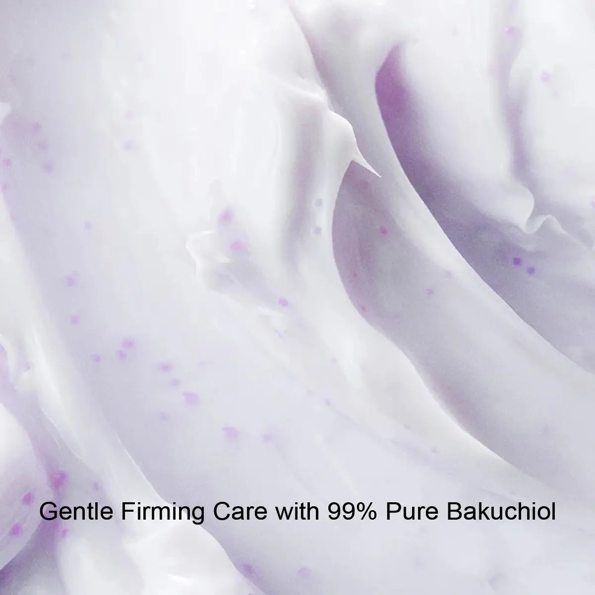 Close-up of a smooth, light purple texture with text overlay 'Gentle Firming Care with 99% Pure Bakuchiol'.