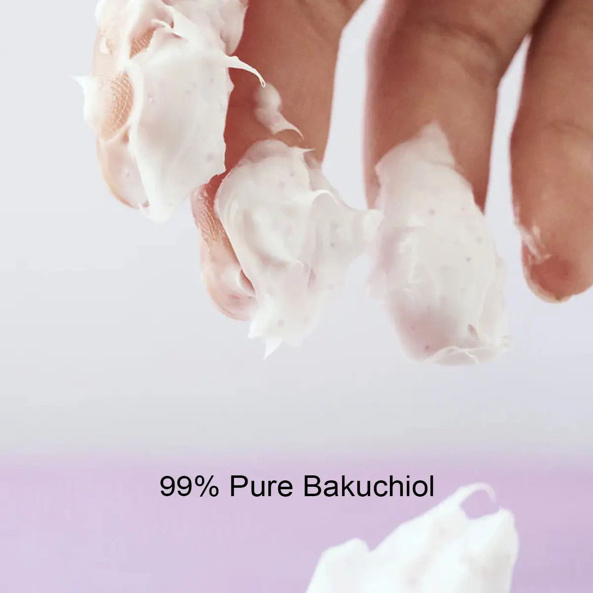Close-up of a hand with white cream on a light purple background, labeled '99% Pure Bakuchiol'.