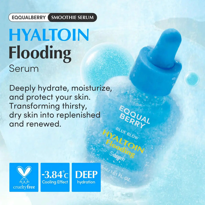 Blue bottle of Hyaltoin Flooding Serum with text about skin care benefits on a blue background