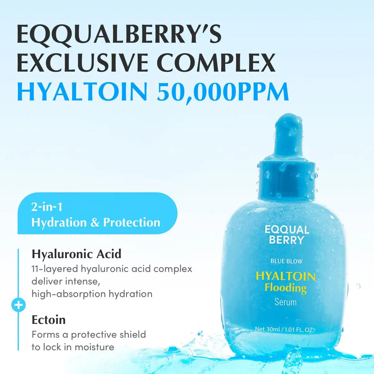 Blue serum bottle with text about EQQUALBERRY's Exclusive Complex Hyaltoin 50,000PPM on a light blue background.