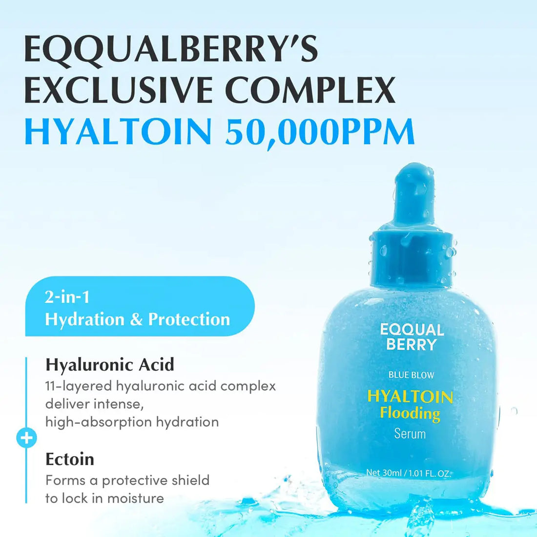 Blue serum bottle with text about EQQUALBERRY's Exclusive Complex Hyaltoin 50,000PPM on a light blue background.