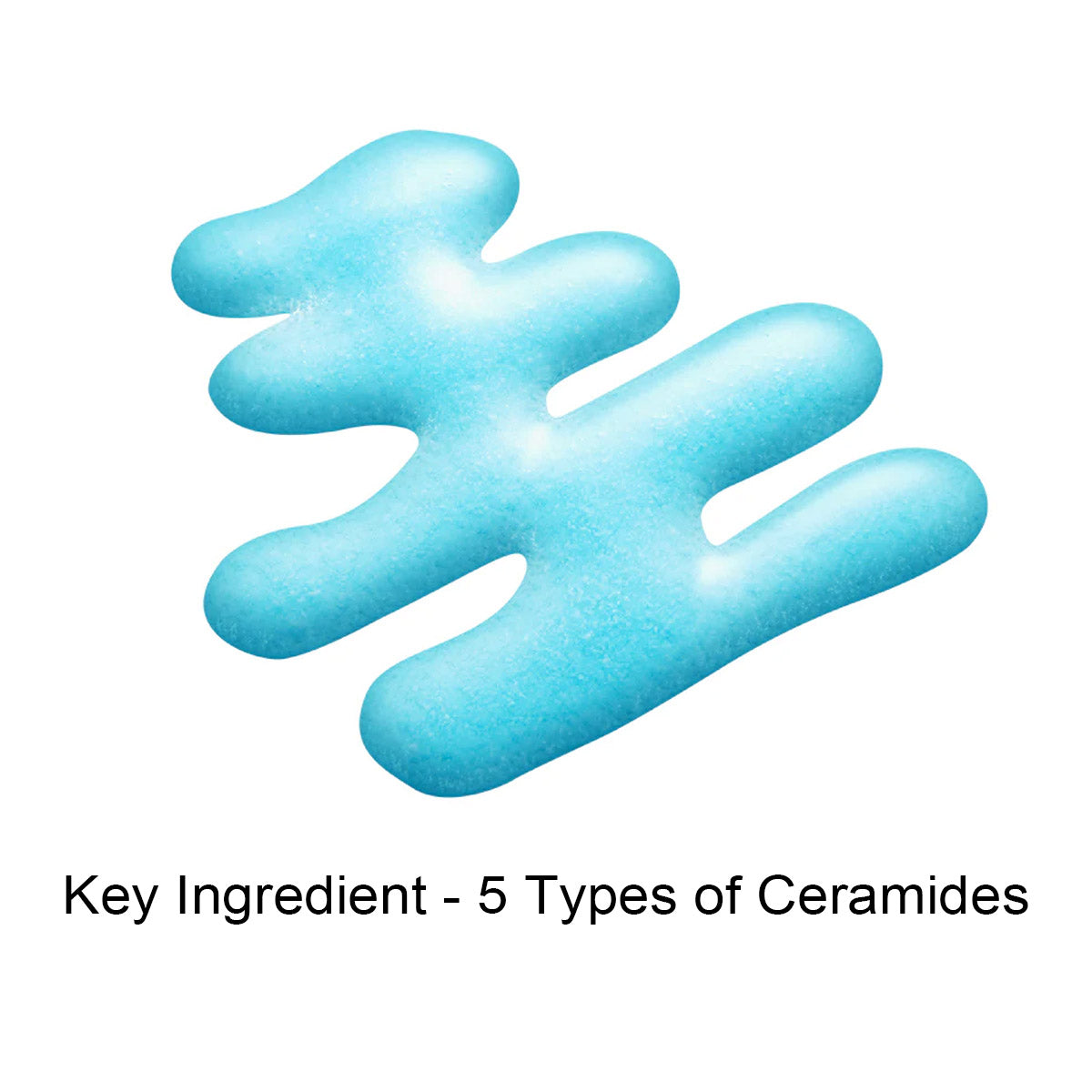 Blue ceramide molecule with text 'Key Ingredient - 5 Types of Ceramides' on a white background