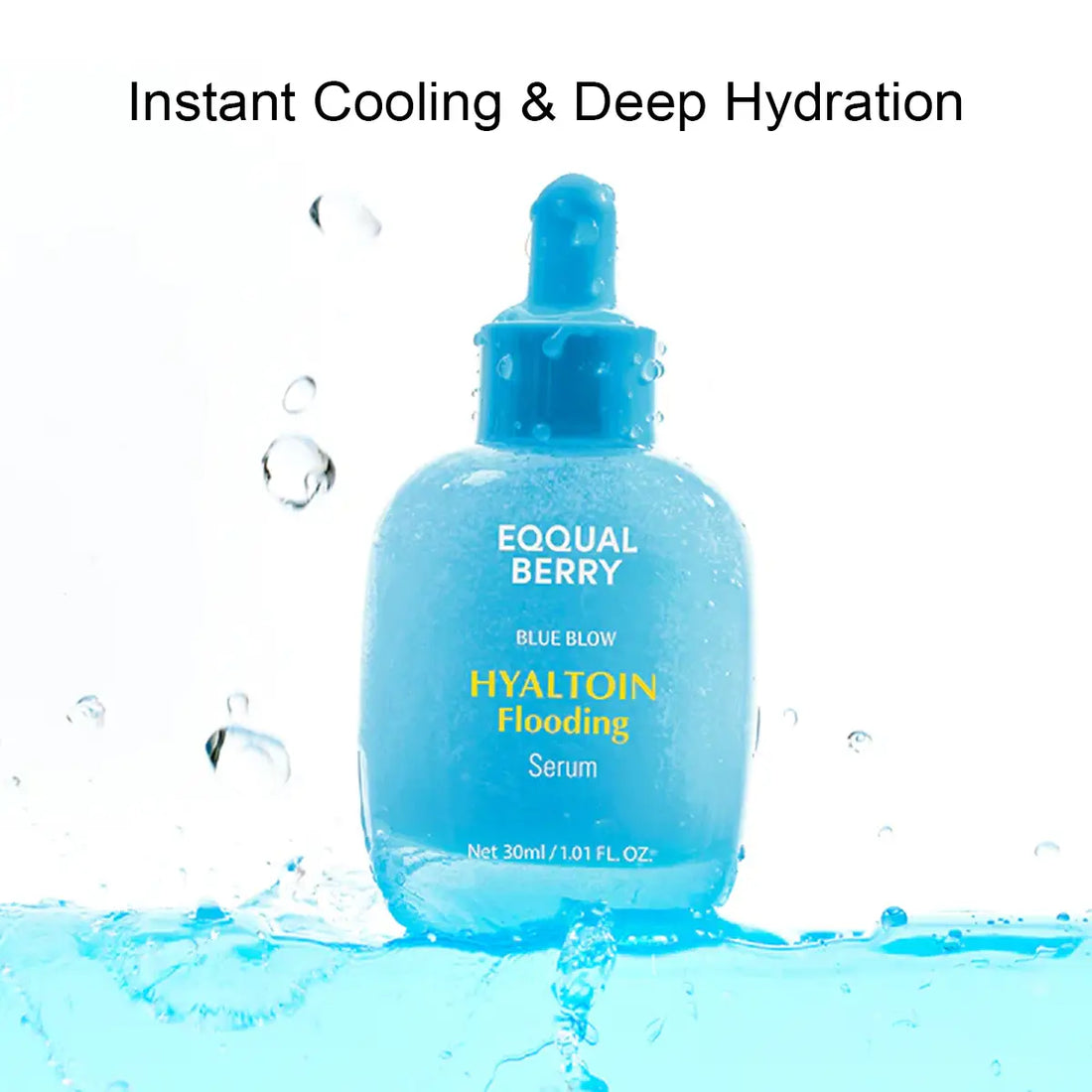 Blue skincare serum bottle with water droplets and text on a white background