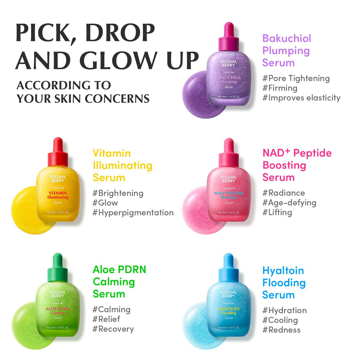 Promotional image of skincare serums with product names and benefits on a white background.