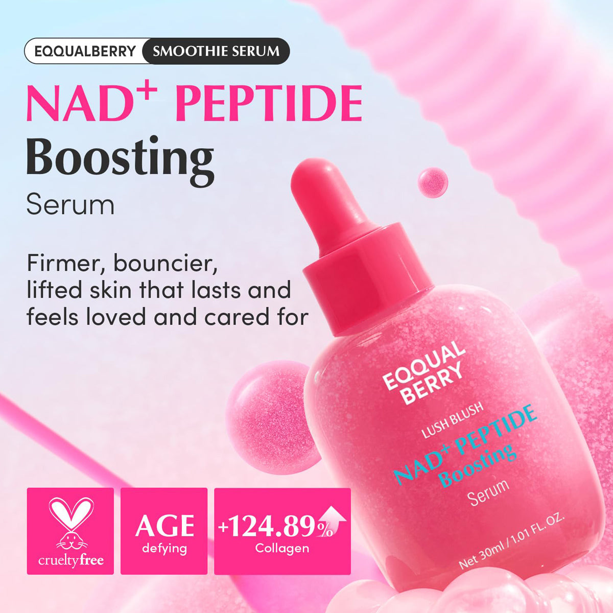 Eqqualberry NAD+ Peptide Boosting Serum on a pink and white background