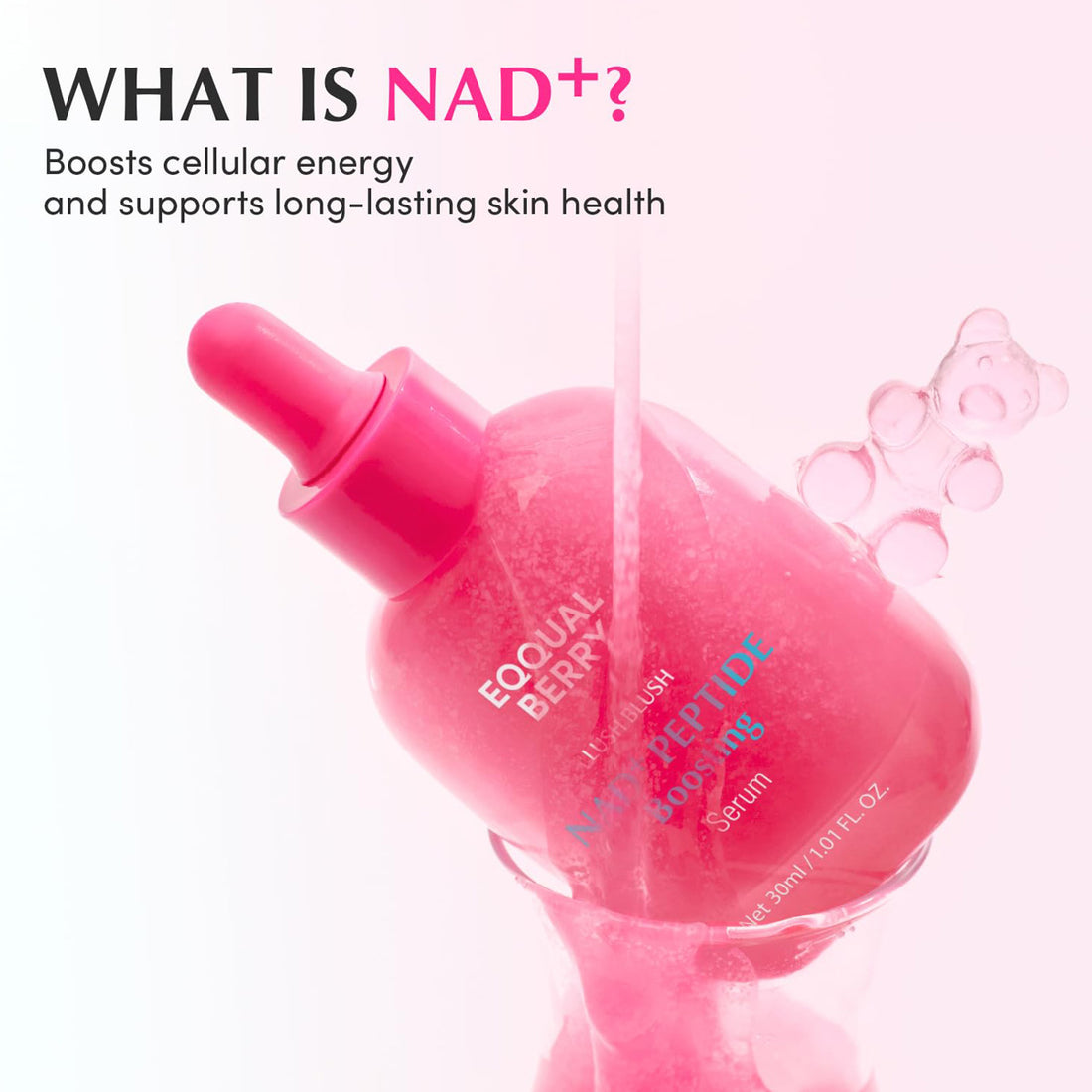 Pink skincare serum bottle with text about NAD+ on a white background