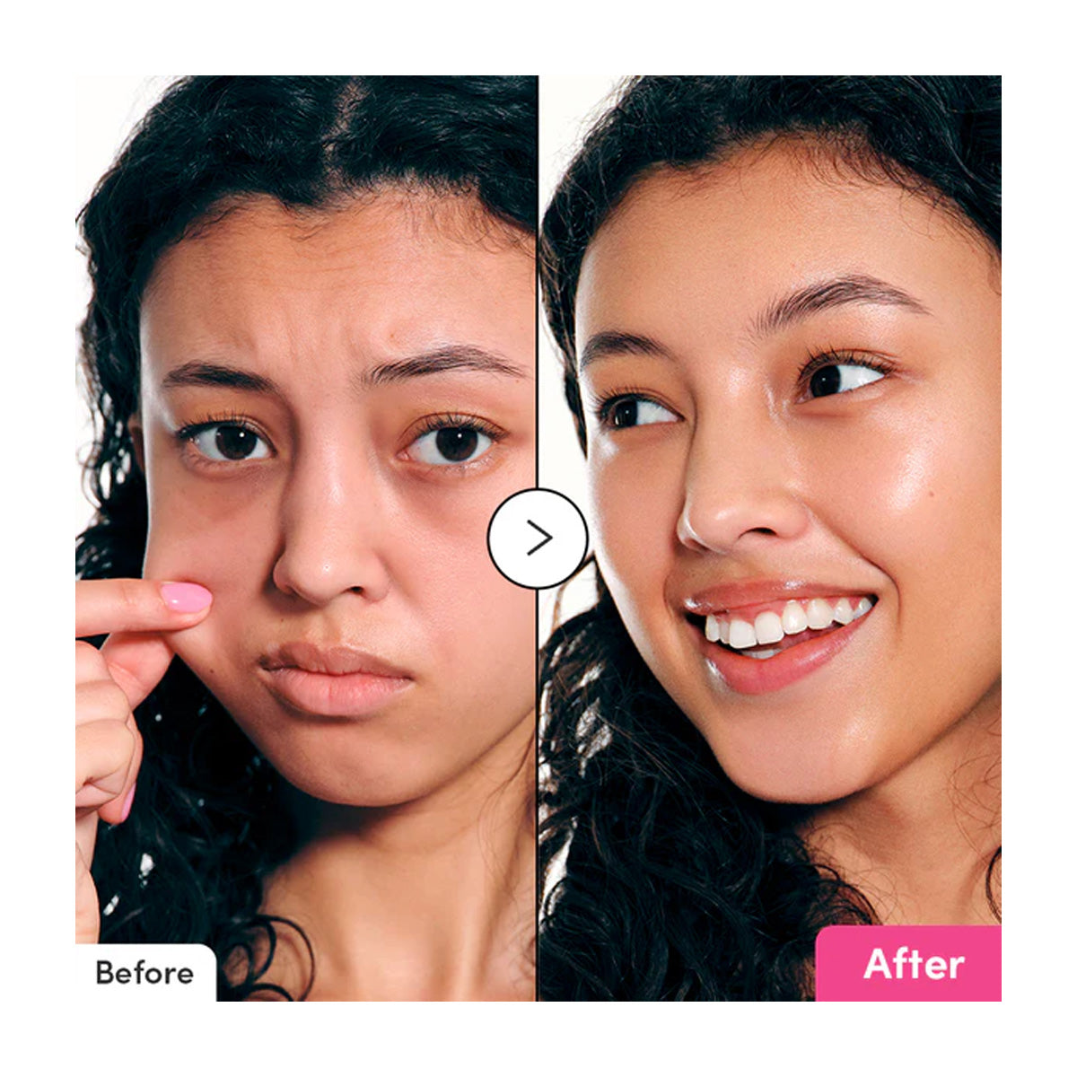 Before and after comparison of a person with visible makeup changes.