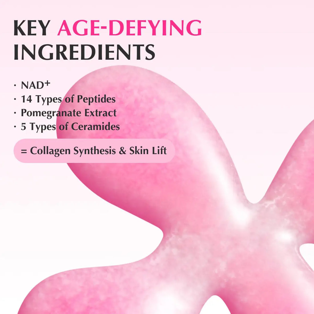 Key age-defying ingredients list with a pink textured background