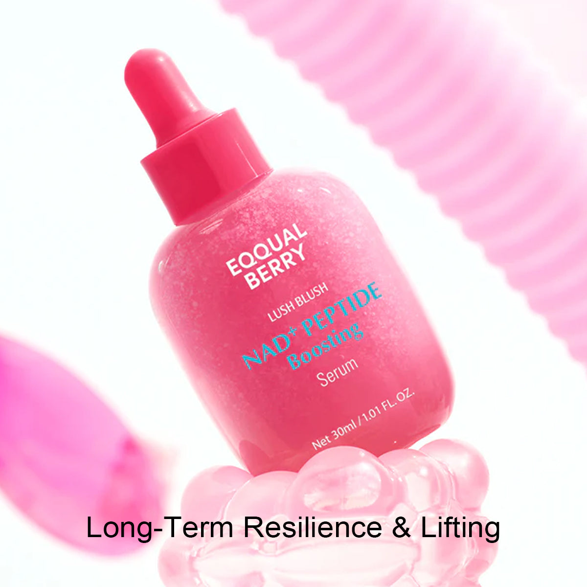 Pink serum bottle with dropper labeled 'Ecoqual Berry' on a pink background