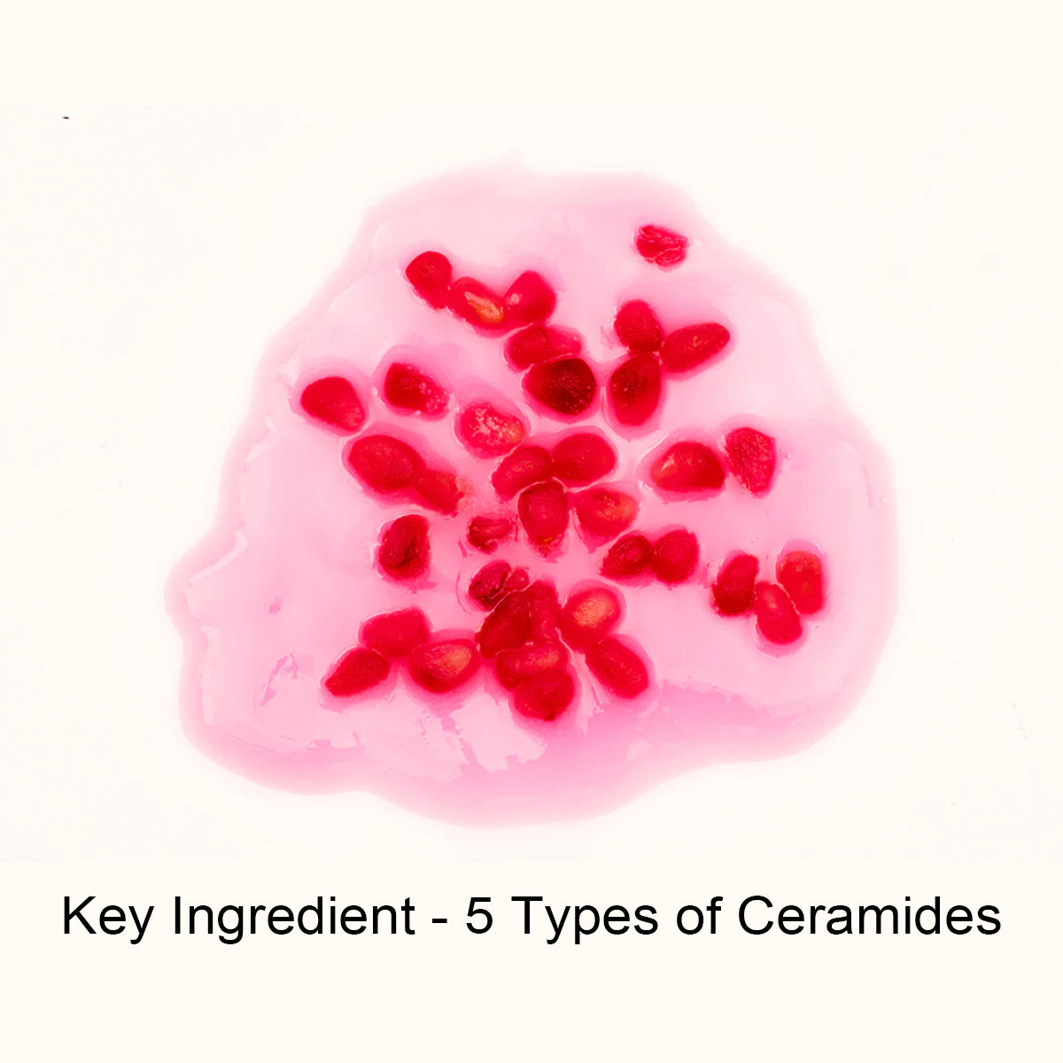 Pink gel with red particles labeled 'Key Ingredient - 5 Types of Ceramides' on a white background