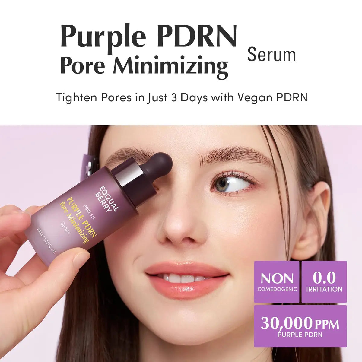 Purple PDRN Pore Minimizing Serum with a woman applying it to her face.
