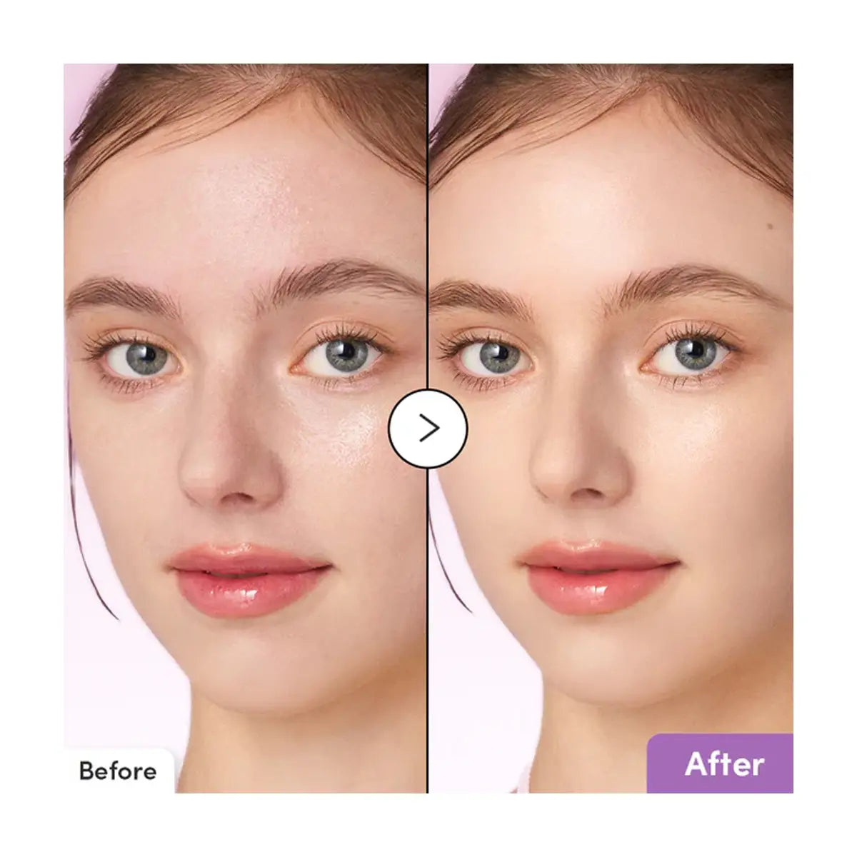 Before and after comparison of a woman's face with cosmetic effects applied.