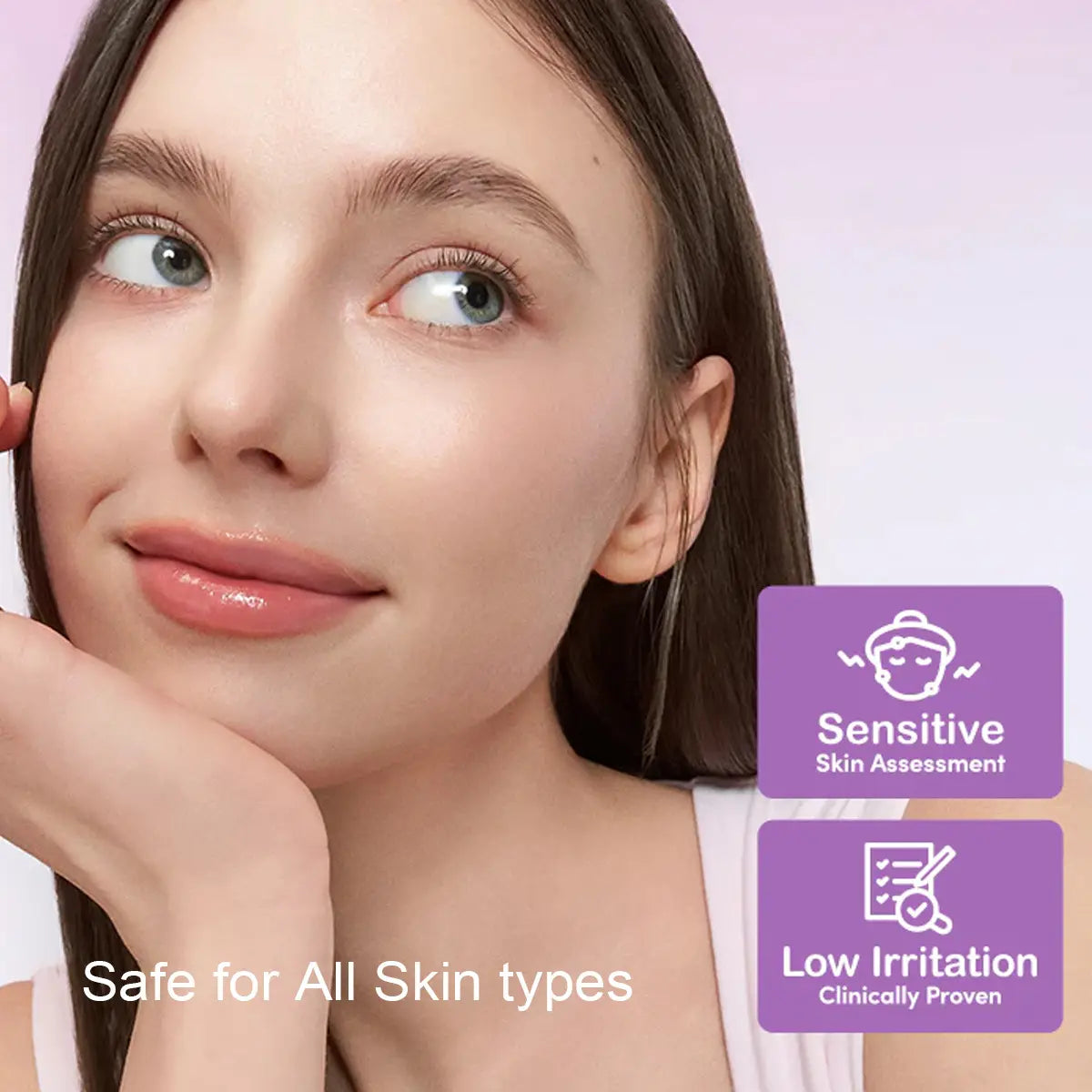 Woman with smooth skin on a light purple background with product features highlighted.