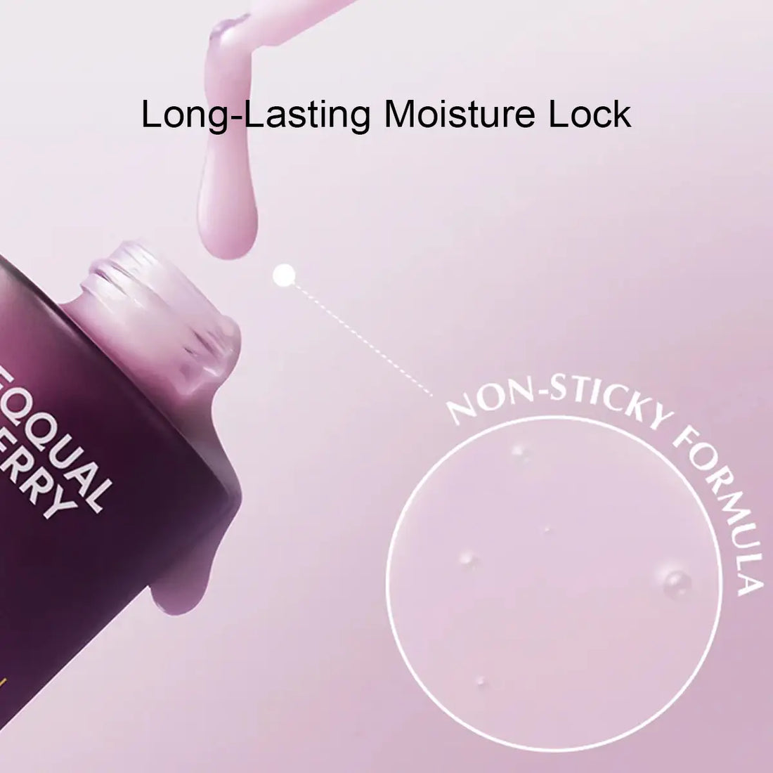 Cosmetic bottle with pink liquid and text highlighting 'Long-Lasting Moisture Lock' and 'Non-Sticky Formula' on a light purple background.