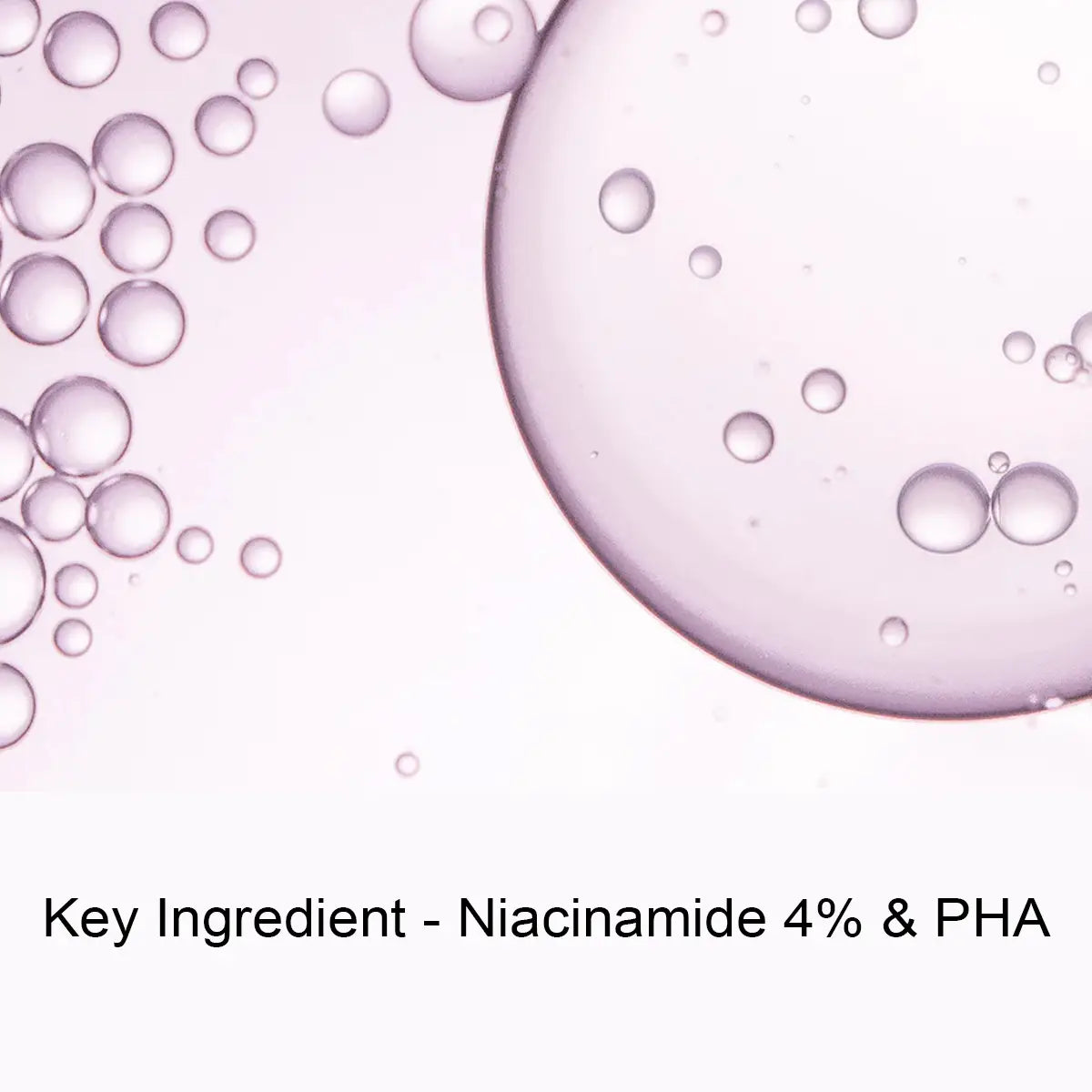 Pink bubbles on a light pink background with text 'Key Ingredient - Niacinamide 4% & PHA'.