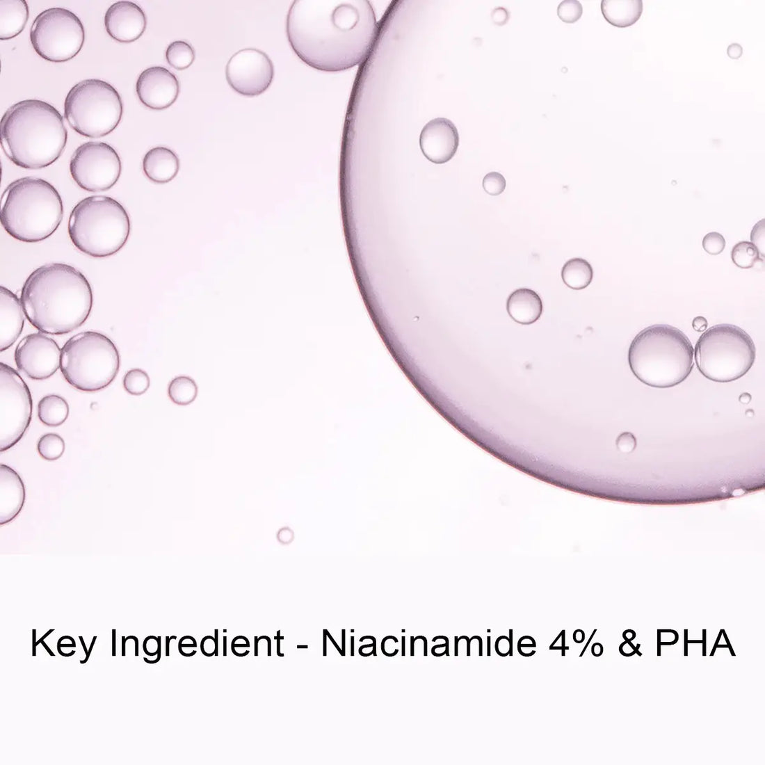 Pink bubbles on a light pink background with text 'Key Ingredient - Niacinamide 4% & PHA'.