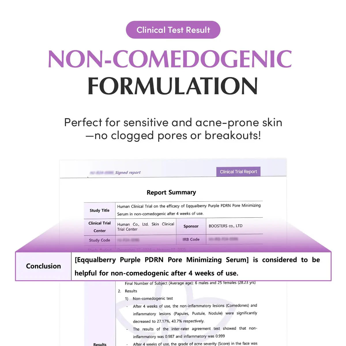 Clinical test result for a non-comedogenic formulation with purple and white design.