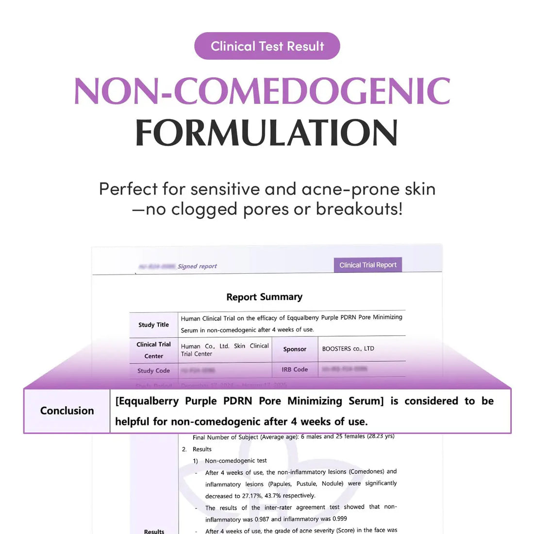 Clinical test result for a non-comedogenic formulation with purple and white design.