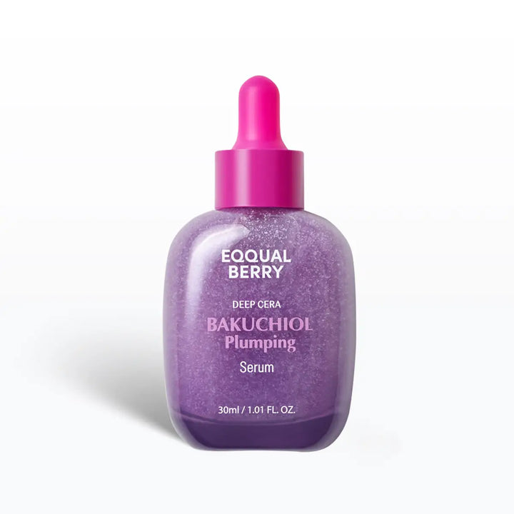 Eqqualberry Bakuchiol Plumping Serum bottle with pink dropper on a white background