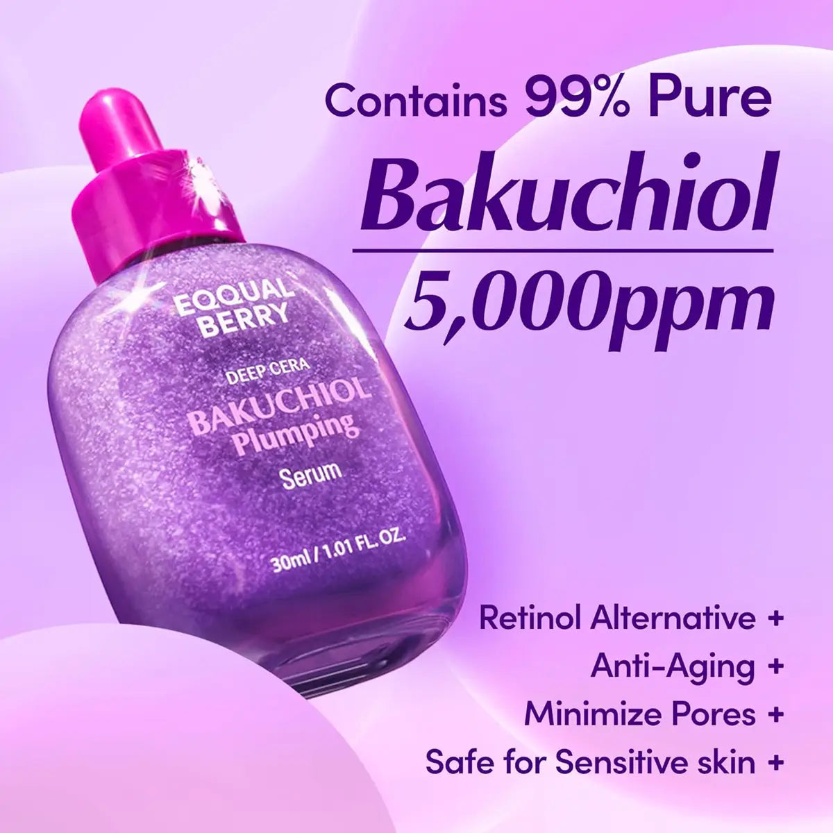 Eqqualberry Bakuchiol Plumping Serum bottle with text on a purple background