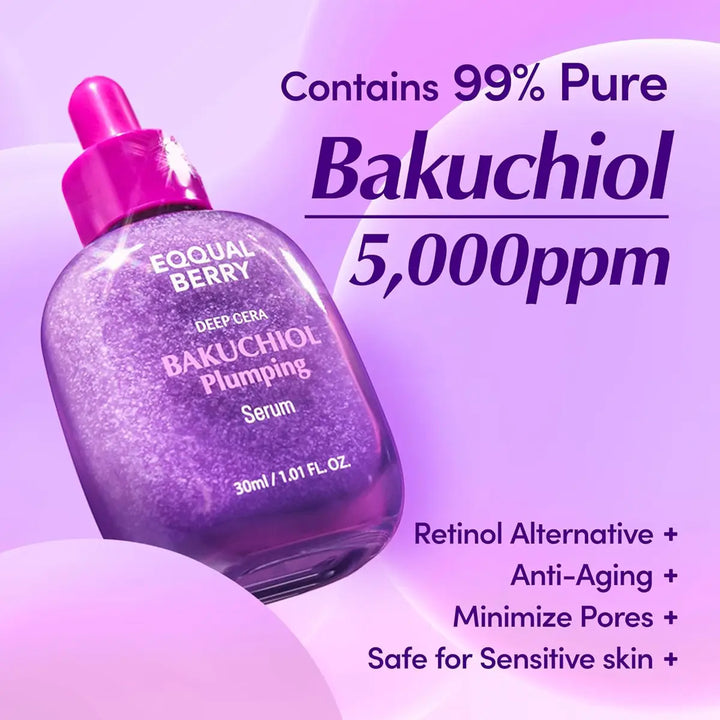 Eqqualberry Bakuchiol Plumping Serum bottle with text on a purple background