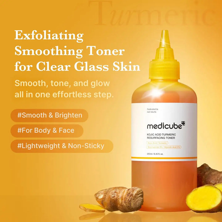 Bottle of medicube toner with turmeric roots on a yellow background