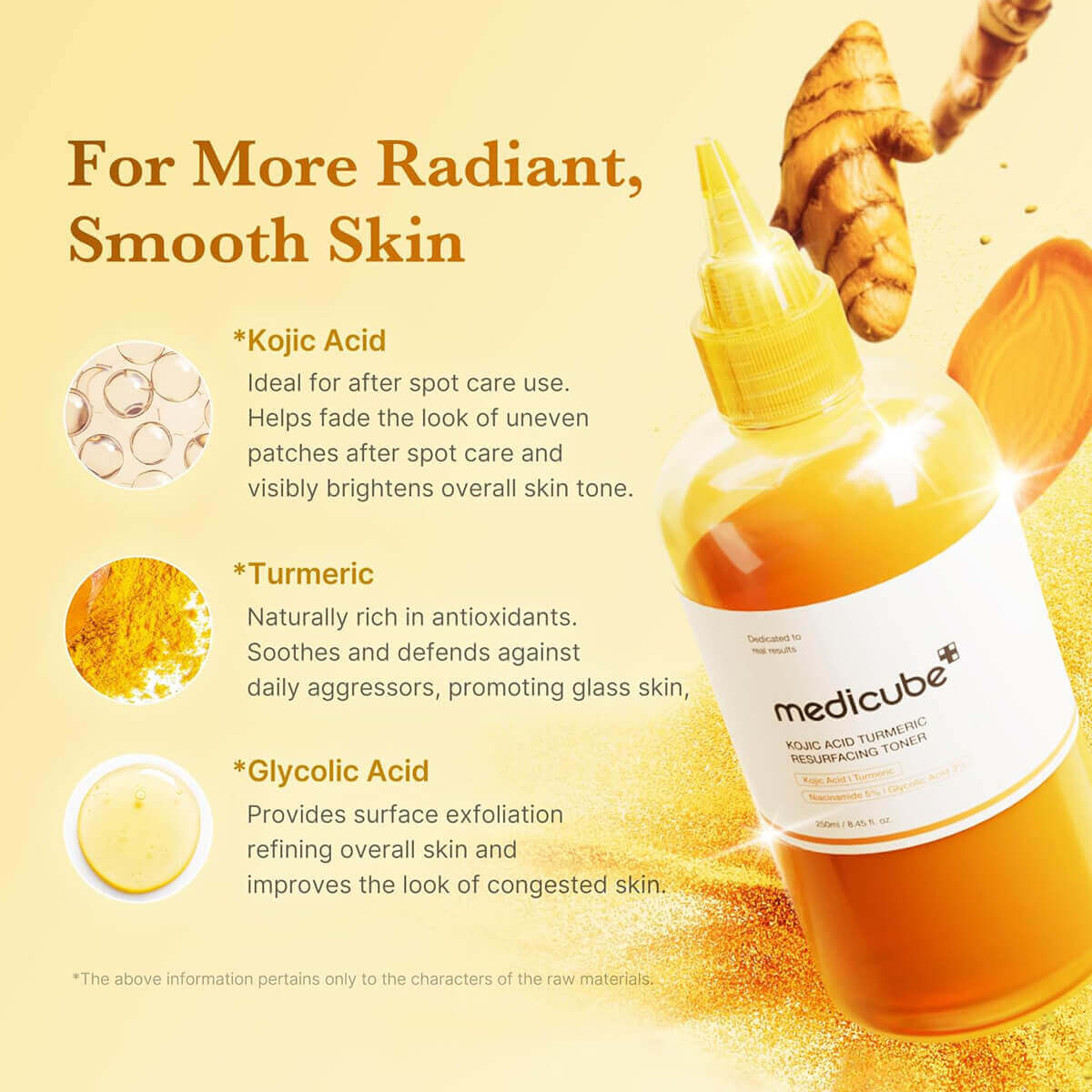 Kojic Acid Turmeric Resurfacing Toner highlights key ingredients for radiant, smooth skin benefits.