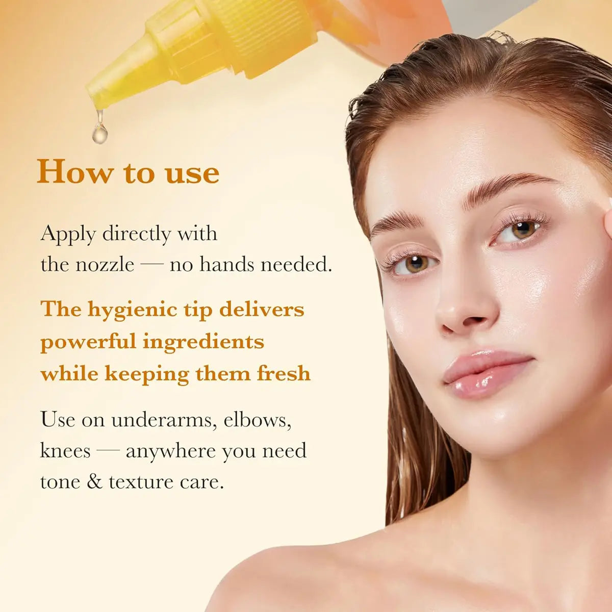 Woman applying skincare product with text on how to use it