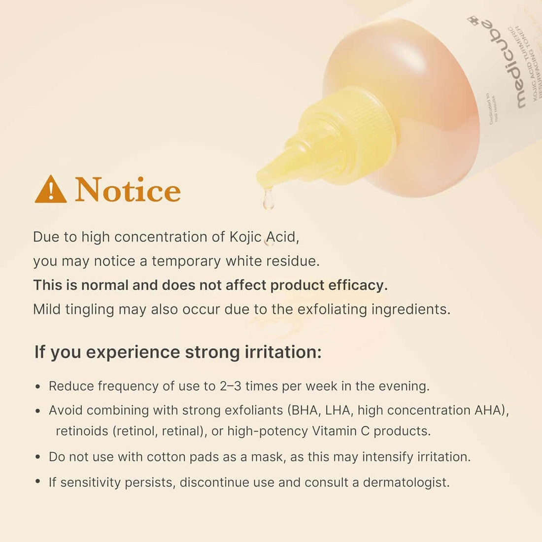 Notice about Kojic Acid Turmeric Resurfacing Toner regarding irritation and usage instructions.