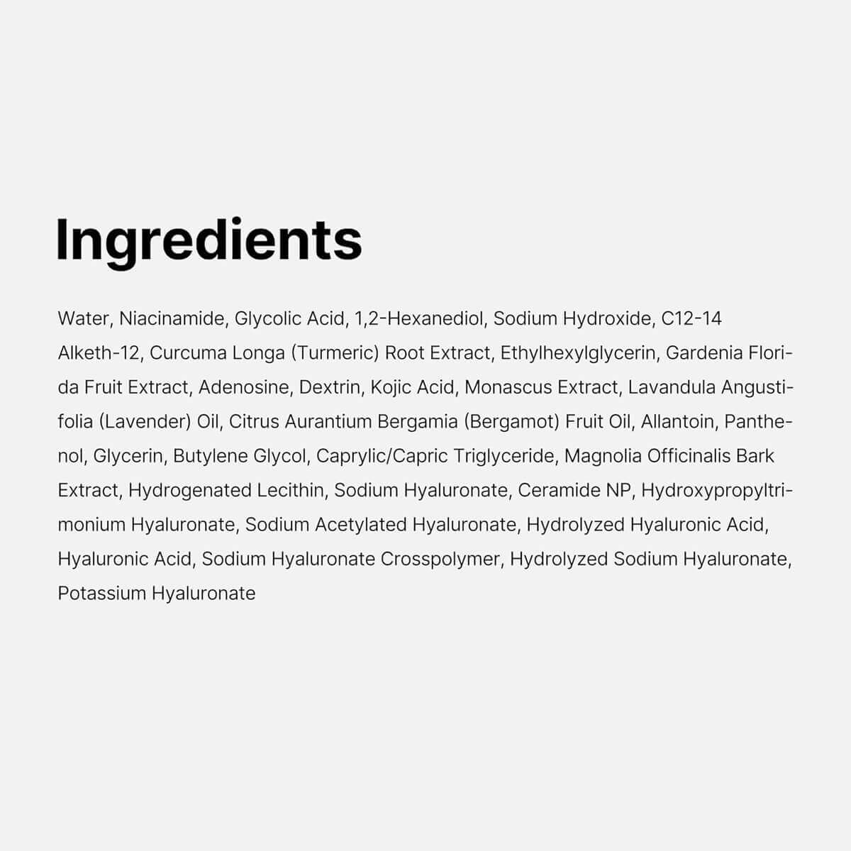 Ingredients list for Kojic Acid Turmeric Resurfacing Toner, featuring key components like Kojic Acid and Turmeric.