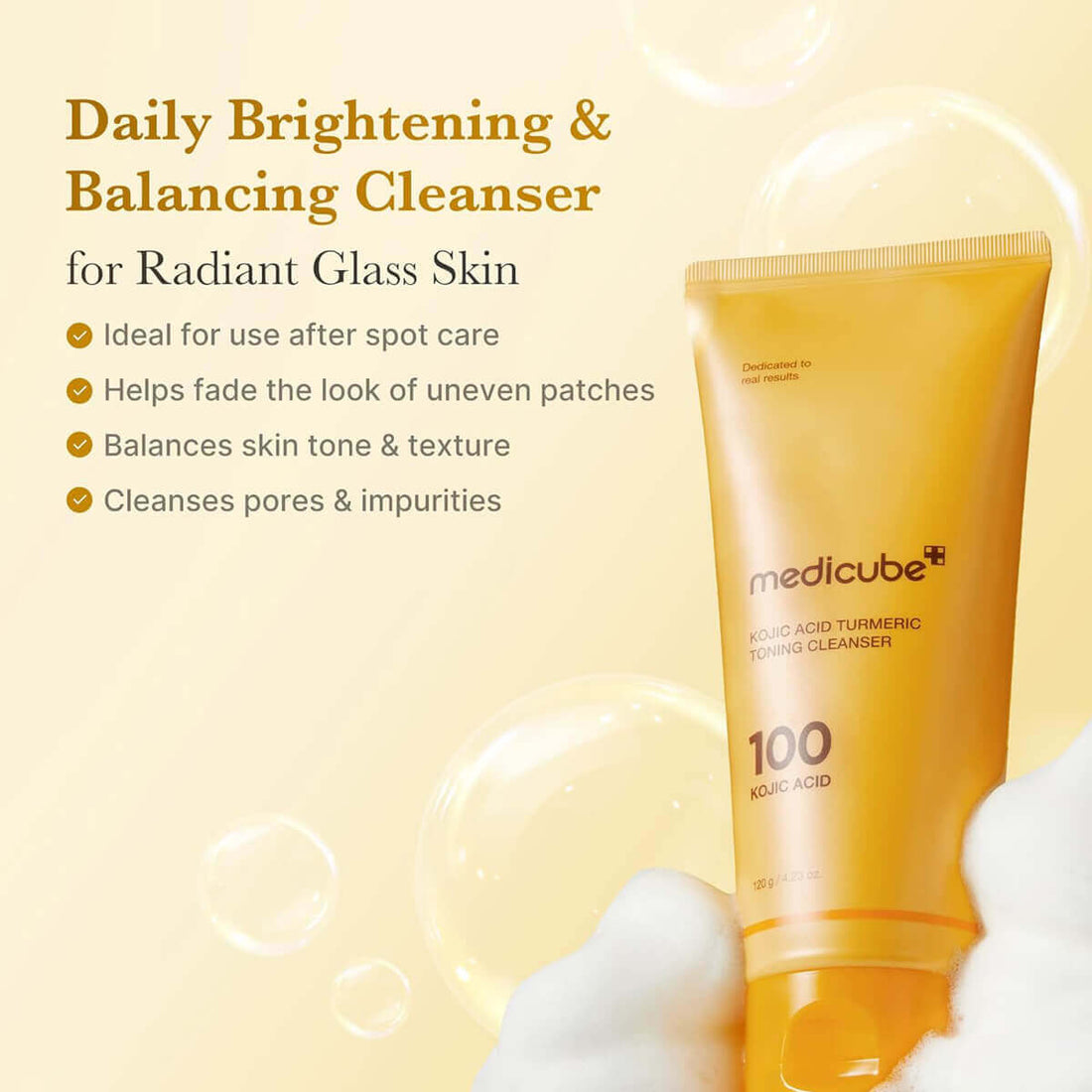 Medicube cleanser tube with text on a yellow background