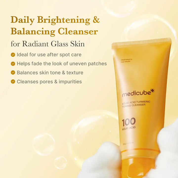 Medicube daily brightening and balancing cleanser tube on a yellow background
