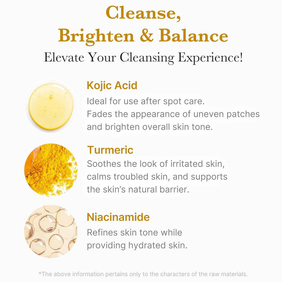 Product description card with images of kojic acid, turmeric, and niacinamide, and their benefits.