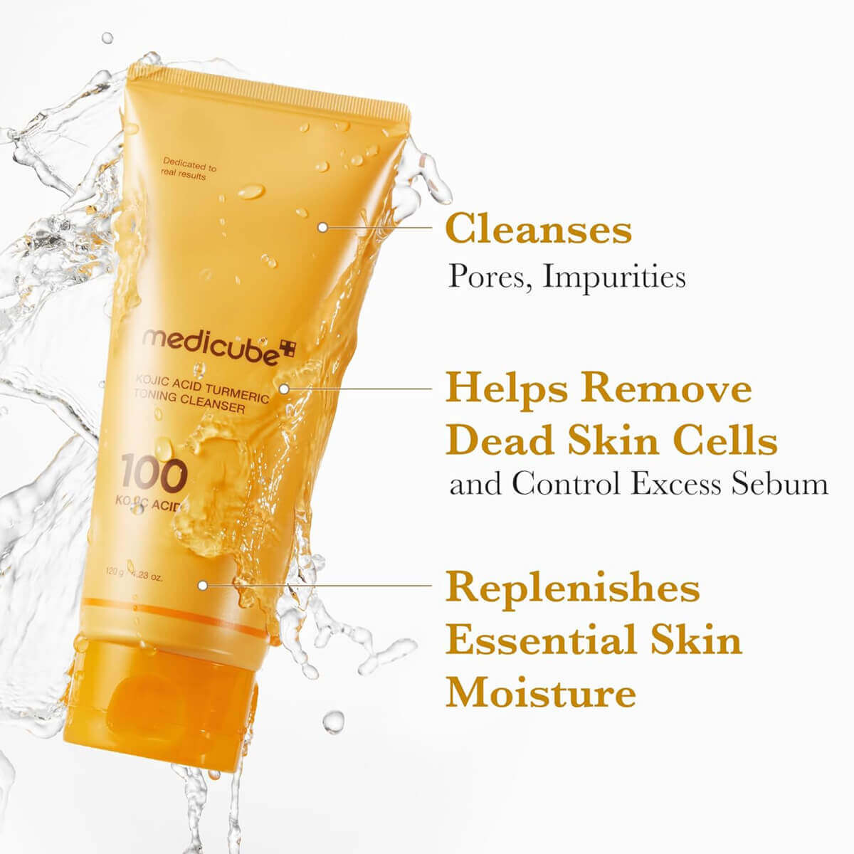 Orange tube of Medicube cleanser with water droplets and text on a white background