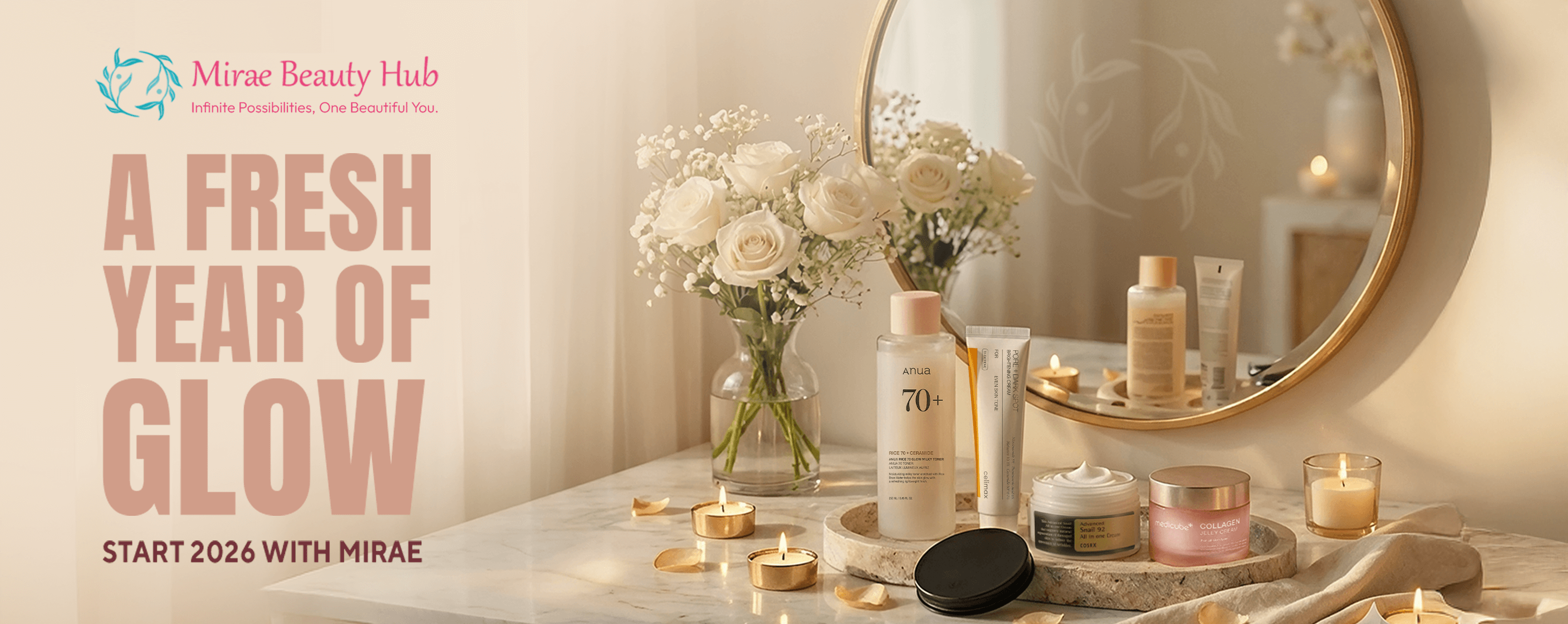Mirae Beauty Hub advertisement with skincare products, flowers, and candles on a table.